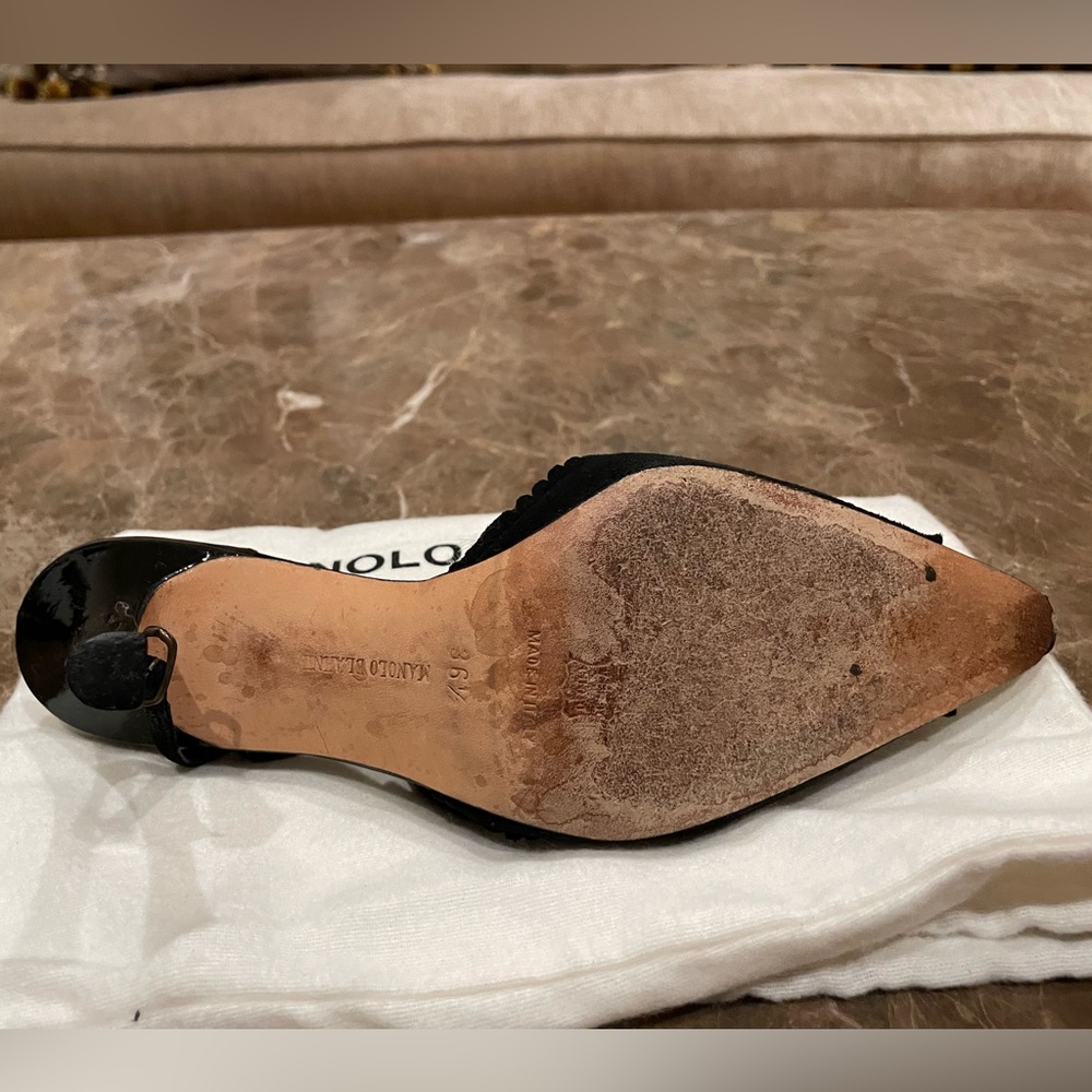 Manolo Blahnik Black Suede Pumps with T-strap and Floral Embellishment - Picture 8 of 13